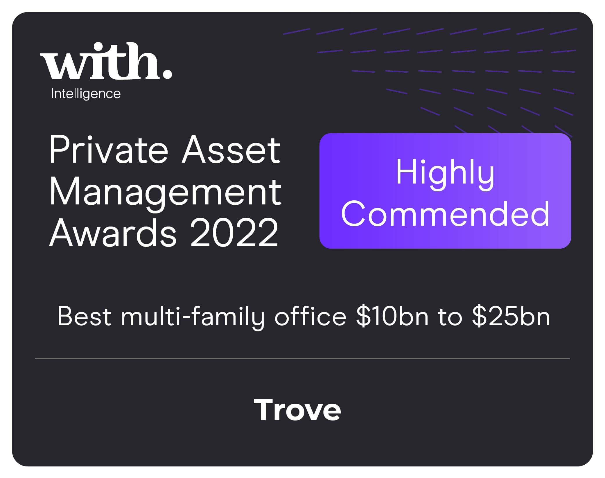 Badge showing that Trove won Best multi-family office $10bn to $25bn and is highly commended by the Private Asset Management Awards of 2022